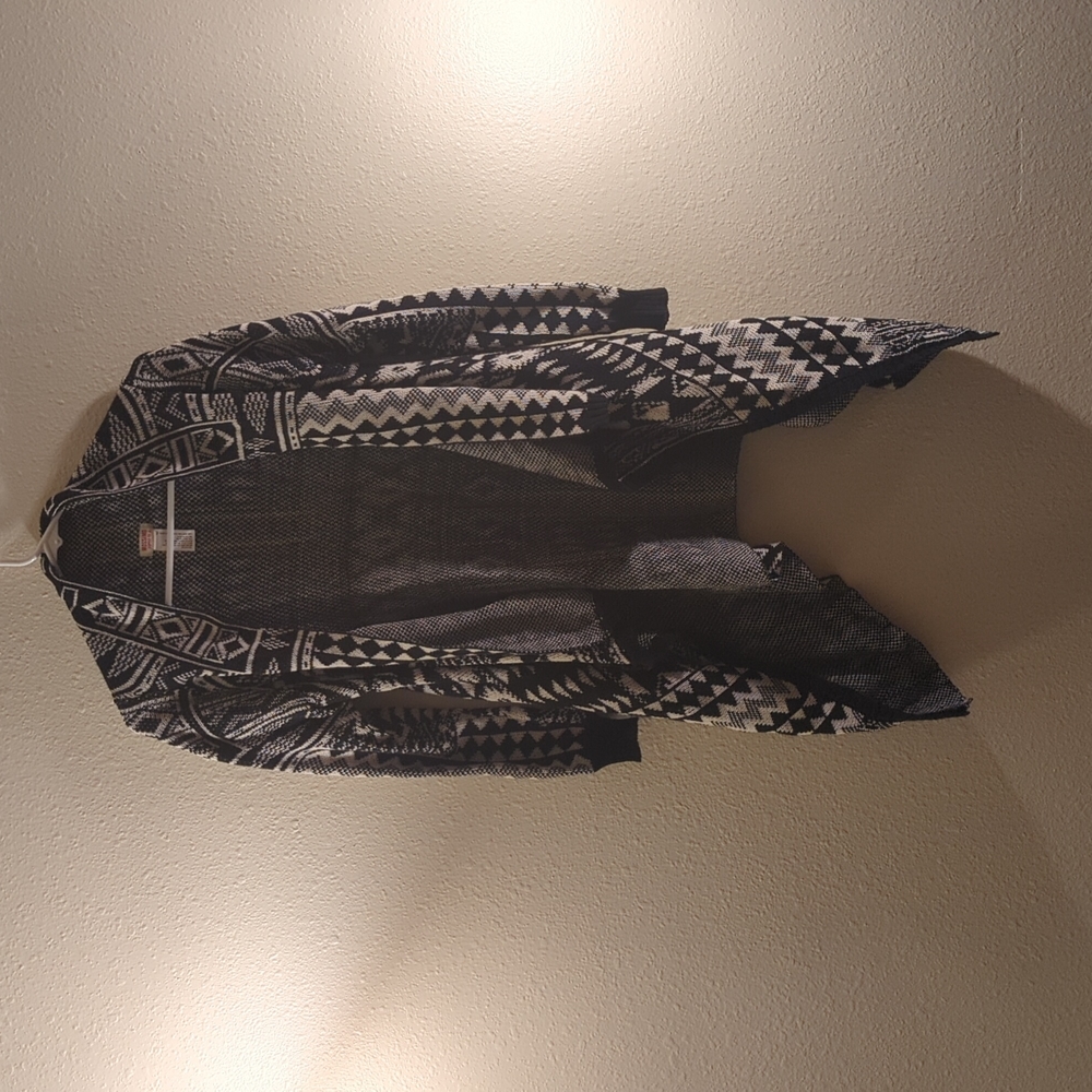 Black and white cardigan, angular patterns, knit, size Small